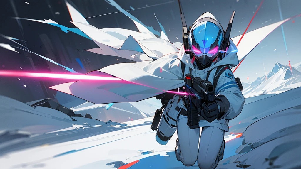 a FPS class/skill in which you have a plasma gun and you become temporarily invisible, the operator wearing a hood in white and a white mask with a red narrow arrow like visor, running and shooting blue plasma, the scene is happening in a snowy area with small ice mountains