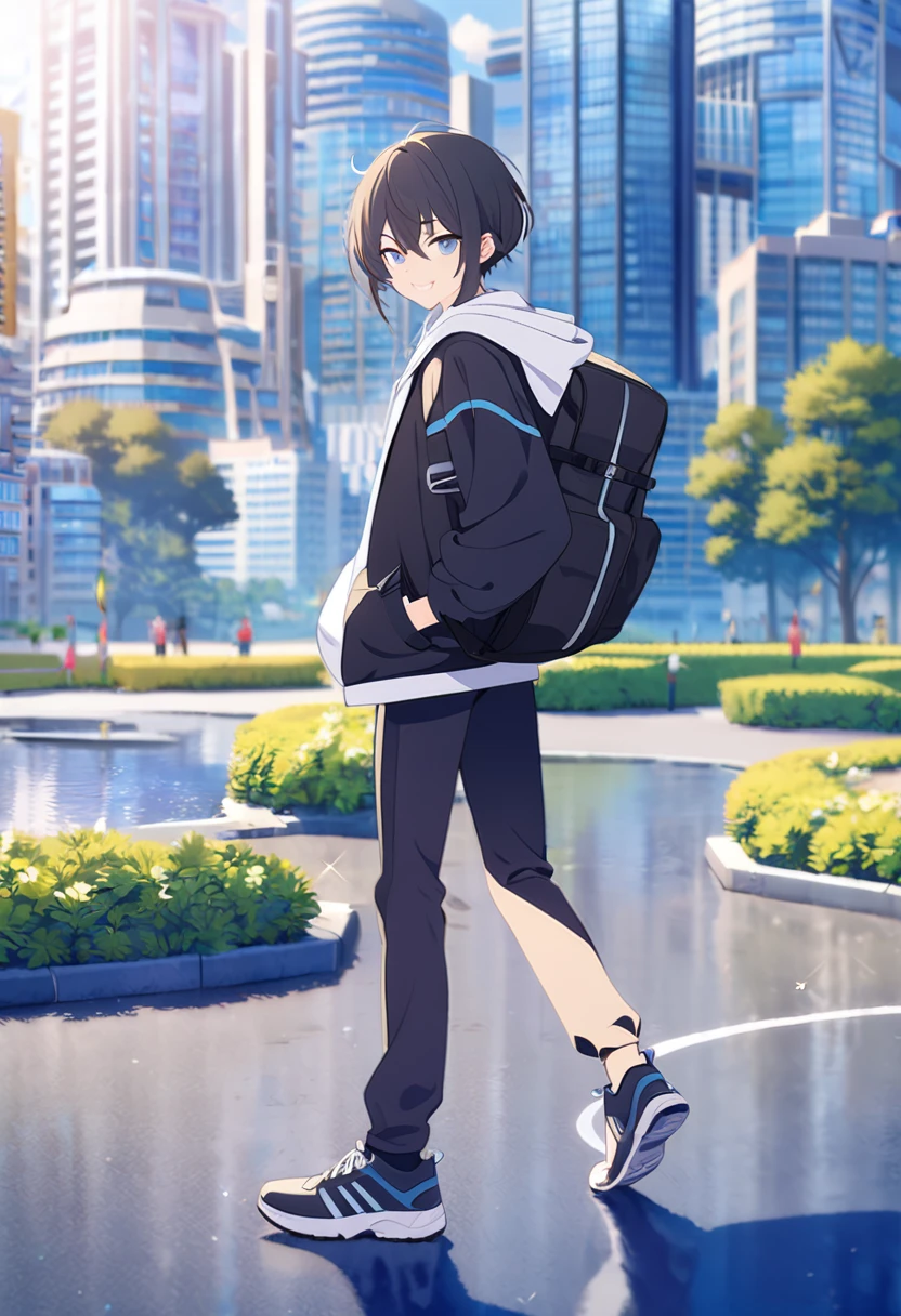 masterpiece,best quality,depth of field,8K,looking at the viewer,running shoes,black hair,blue eyes,afternoon,man,hands in pockets,smiling faintly,alone,Handsome,(chic eyes 1:1),wseifuku,Black jacket over white hoodie,hooded,Future city,wearing a sports bag,Blurry BACKGROUND,clear,I&#39;m entering university
