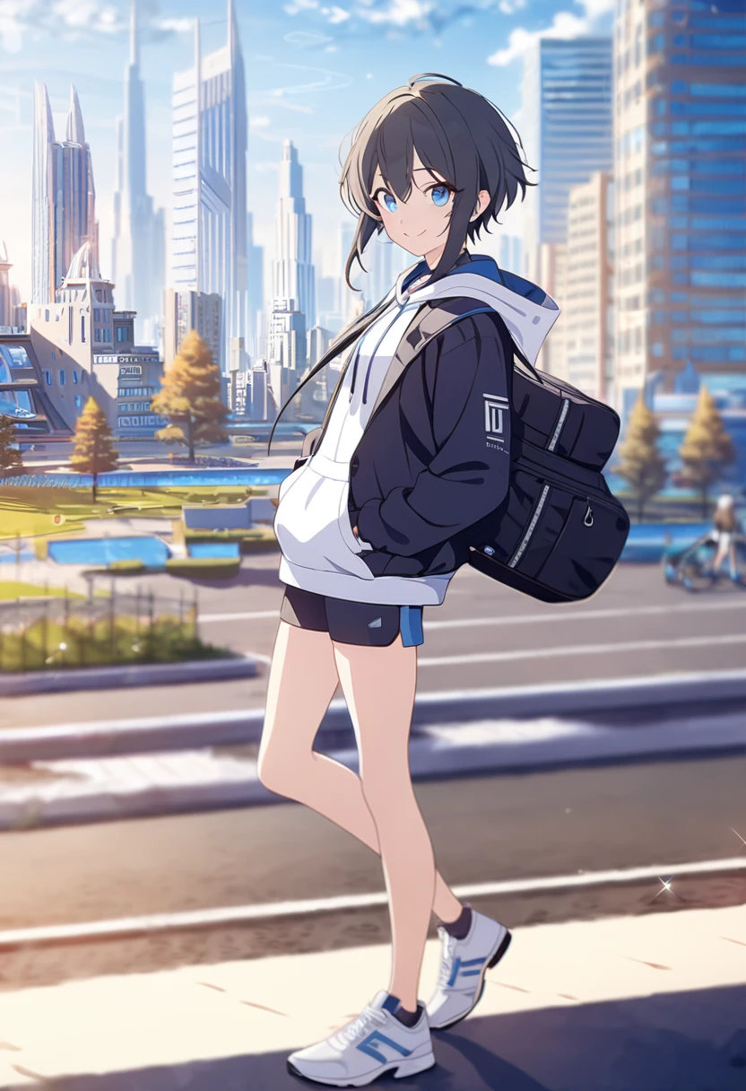 masterpiece,best quality,depth of field,8K,looking at the viewer,running shoes,black hair,blue eyes,afternoon,man,hands in pockets,smiling faintly,alone,Handsome,(chic eyes 1:1),wseifuku,Black jacket over white hoodie,hooded,Future city,wearing a sports bag,Blurry BACKGROUND,clear,I'm entering university