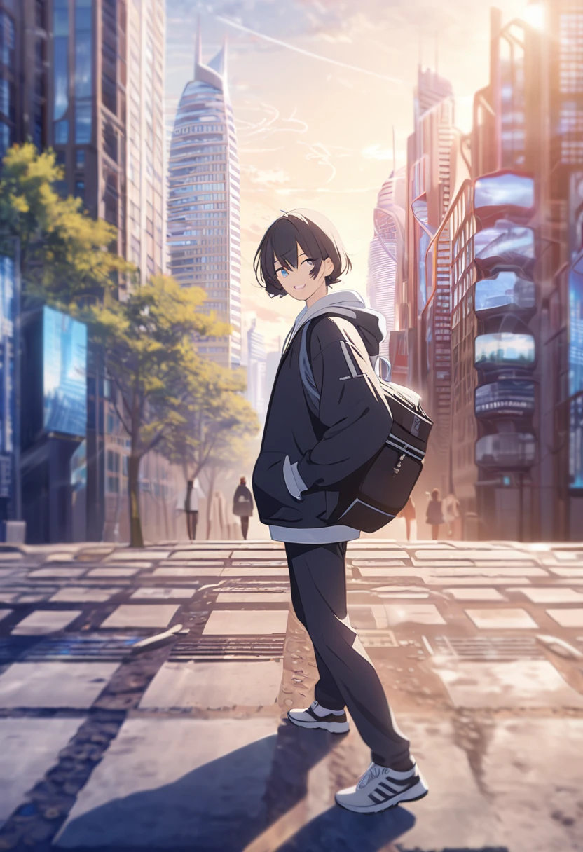 masterpiece,best quality,depth of field,8K,looking at the viewer,running shoes,black hair,blue eyes,afternoon,man,hands in pockets,smiling faintly,alone,Handsome,(chic eyes 1:1),wseifuku,Black jacket over white hoodie,hooded,Future city,wearing a sports bag,Blurry BACKGROUND,clear,I'm entering university