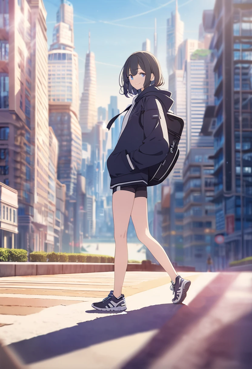 masterpiece,best quality,depth of field,8K,looking at the viewer,running shoes,black hair,blue eyes,afternoon,man,hands in pockets,smiling faintly,alone,Handsome,(chic eyes 1:1),wseifuku,Black jacket over white hoodie,hooded,Future city,wearing a sports bag,Blurry BACKGROUND,clear,I&#39;m entering university