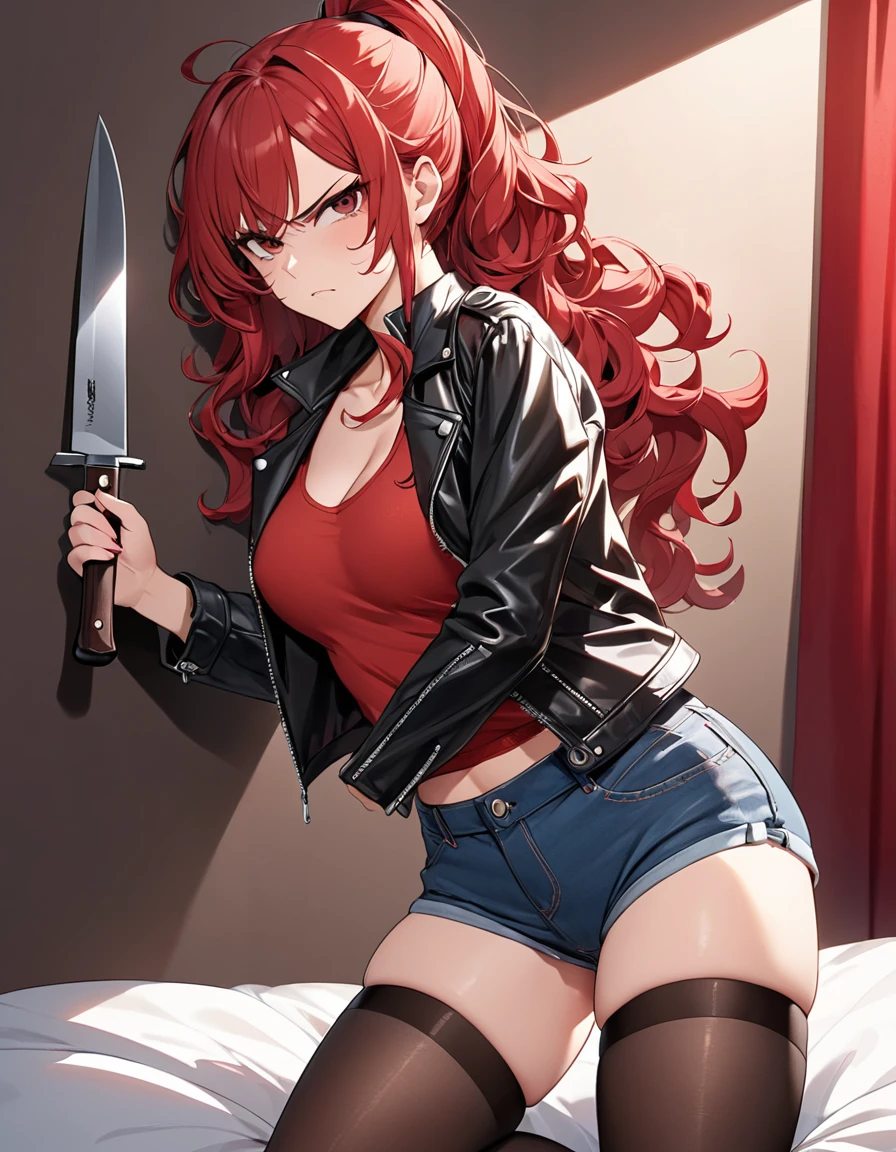 BREAK Perfect Anatomy、Highest quality、(cute:1.1)、(cute)、(High resolution:1.2)、Unbelievably absurd:1.3、Incredible illustrations、(cuteイラスト:1.2)、nsfw,（Beautiful background、Late Night、Bedroom、Red Curtain）、1gial(Red hair、strong wavy hair、ponytail）
,（leather jacket、Short denim、Red Tank Top、Thigh-high stockings）Holding a large knife in his hand、Against the wall、Glaring at me