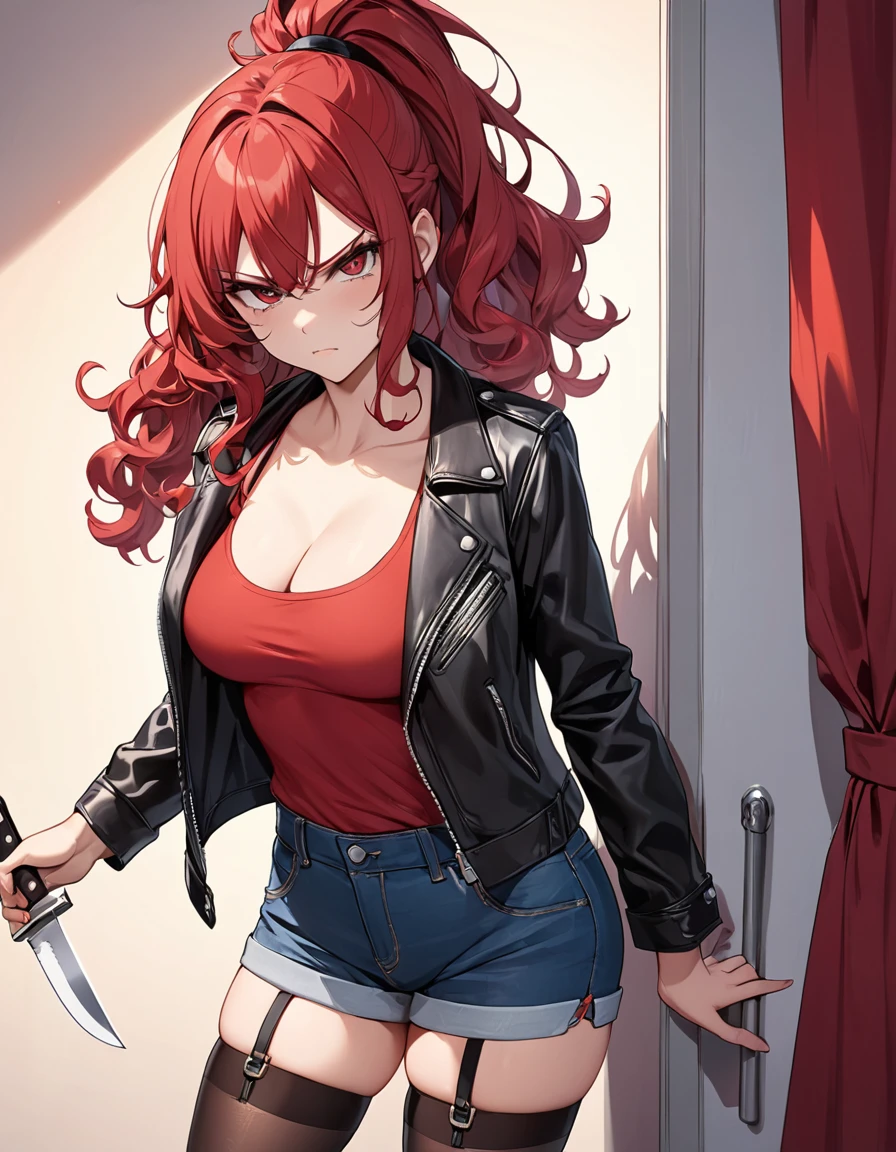 BREAK Perfect Anatomy、Highest quality、(cute:1.1)、(cute)、(High resolution:1.2)、Unbelievably absurd:1.3、Incredible illustrations、(cuteイラスト:1.2)、nsfw,(Beautiful background、Late Night、Bedroom、Red Curtain)、1gial(Red hair、strong wavy hair、ponytail)
,(leather jacket、Short denim、Red Tank Top、Thigh-high stockings)Holding a large knife in his hand、Against the wall、Glaring at me