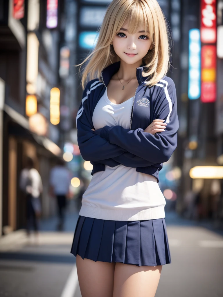 (8K, RAW Photos, Highest quality, masterpiece:1.2), (Realistic, photo-Realistic:1.4), (Highly detailed 8K wallpapers), ((Full Body Shot)), (1 girl), Sharp focus, Depth of written boundary, Cinematic lighting, Soft Light, 緻密な美しさのeye, eye_Chan, Very beautiful 17 year old girl, innocent big eyes, Realistic, photo Realistic, Highly detailed cute girl, (Thin thighs), (Model Body Type), 18-year-old, ((Blue track jacket)), (Black Micro Mini Pleated Skirt), (((Fold your arms in front of your chest and act arrogantly))), ((A happy smile)), Parted lips, Watching the audience, (On the streets of Tokyo) , (Blonde),(Long Bob Hair), (Asymmetrical bangs)
