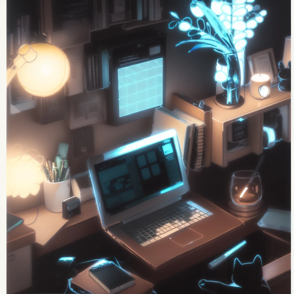 someone is working on a laptop in a Home Office, Office Background, lo-fi Illustration Style, Computer Aesthetics, Lofi Art, Lofi Artstyle, Illustration Style, アニメーションIllustration Style, Home Office, on the desk, Cozy environment, Lo-fi aesthetic, Anime Aesthetics, Lo-fi art, Pleasant aesthetics, Light Academia Aesthetics, Daily life, Warm space