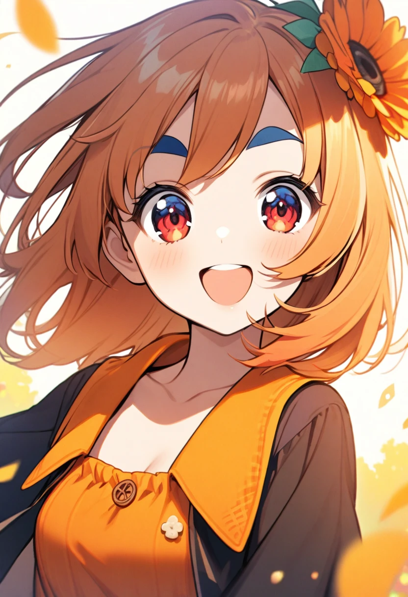 one person，Orange short hair，girl，，Sunny and cheerful，Red eyes，Blue eyebrows，Black clothes，Half Body，淡Blue eyebrows，淡Blue eyebrows