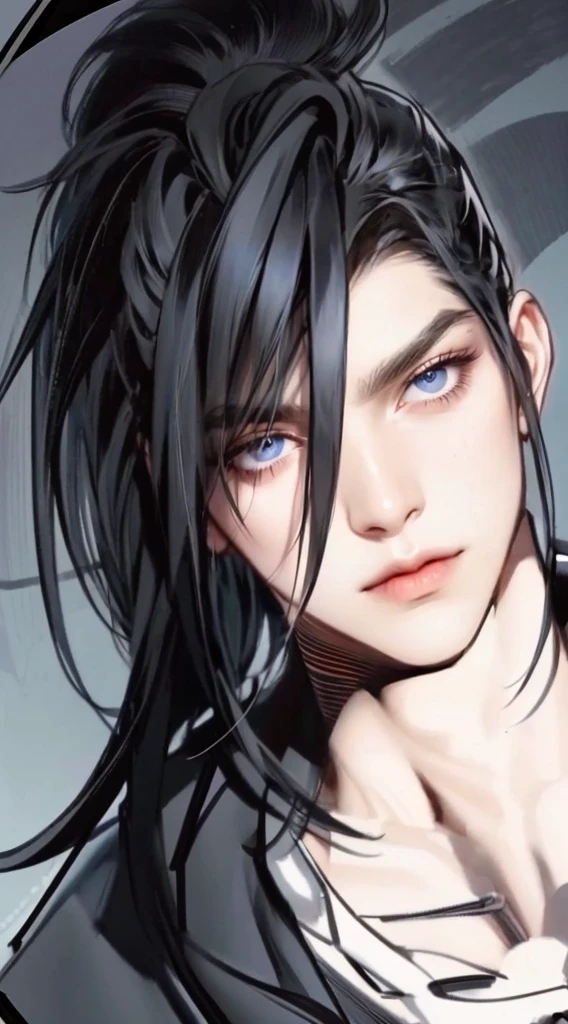 (masterpiece,best quality,ultra_detailed,highres,absurdres),1 mature male, 30-ish, (wide shoulder), (muscular), male focus, solo, black hair, chain, shirt, black necktie, necktie, simple background, purple eyes, upper body, vest, long hair, looking at viewer, parted lips, collared shirt, round eyewear, long sleeves, black shirt, black vest, monocle, jewelry, lawyer, court background.