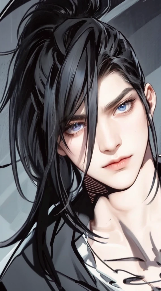 (masterpiece,best quality,ultra_detailed,highres,absurdres),1 mature male, 30-ish, (wide shoulder), (muscular), male focus, solo, black hair, chain, shirt, black necktie, necktie, simple background, purple eyes, upper body, vest, long hair, looking at viewer, parted lips, collared shirt, round eyewear, long sleeves, black shirt, black vest, monocle, jewelry, lawyer, court background.