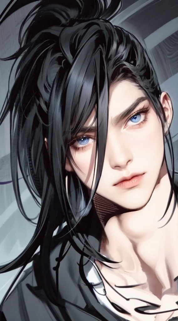 (masterpiece,best quality,ultra_detailed,highres,absurdres),1 mature male, 30-ish, (wide shoulder), (muscular), male focus, solo, black hair, chain, shirt, black necktie, necktie, simple background, purple eyes, upper body, vest, long hair, looking at viewer, parted lips, collared shirt, round eyewear, long sleeves, black shirt, black vest, monocle, jewelry, lawyer, court background.