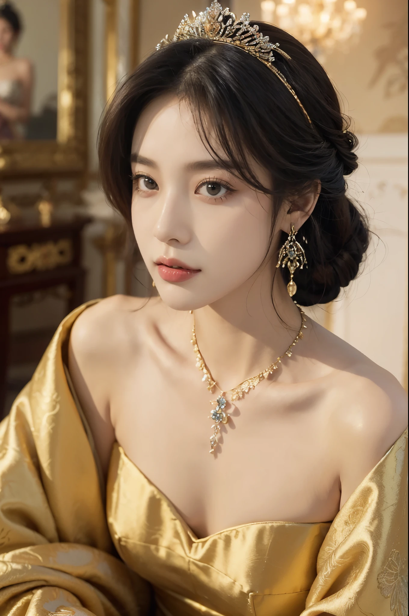 (((best quality))),(((ultra detailed))),(((masterpiece))),illustration,1 girl,solo,slim,thin,shoulder length straight bob hair,earrings,necklace,small breasts,flat chest,Asian appearance,princess,royal,Chinese palace,night scene,strapless magnificent bra,golden crown,intricate embroidery,luxurious fabric,precious stones,decorative patterns,rich decorations,luxurious furnishings,regal charm,beautiful face,gentle smile,bright eyes,historical,traditional,city lights,modernity,frozen moment,beauty of the past,evolution of time,from front,close-up of face