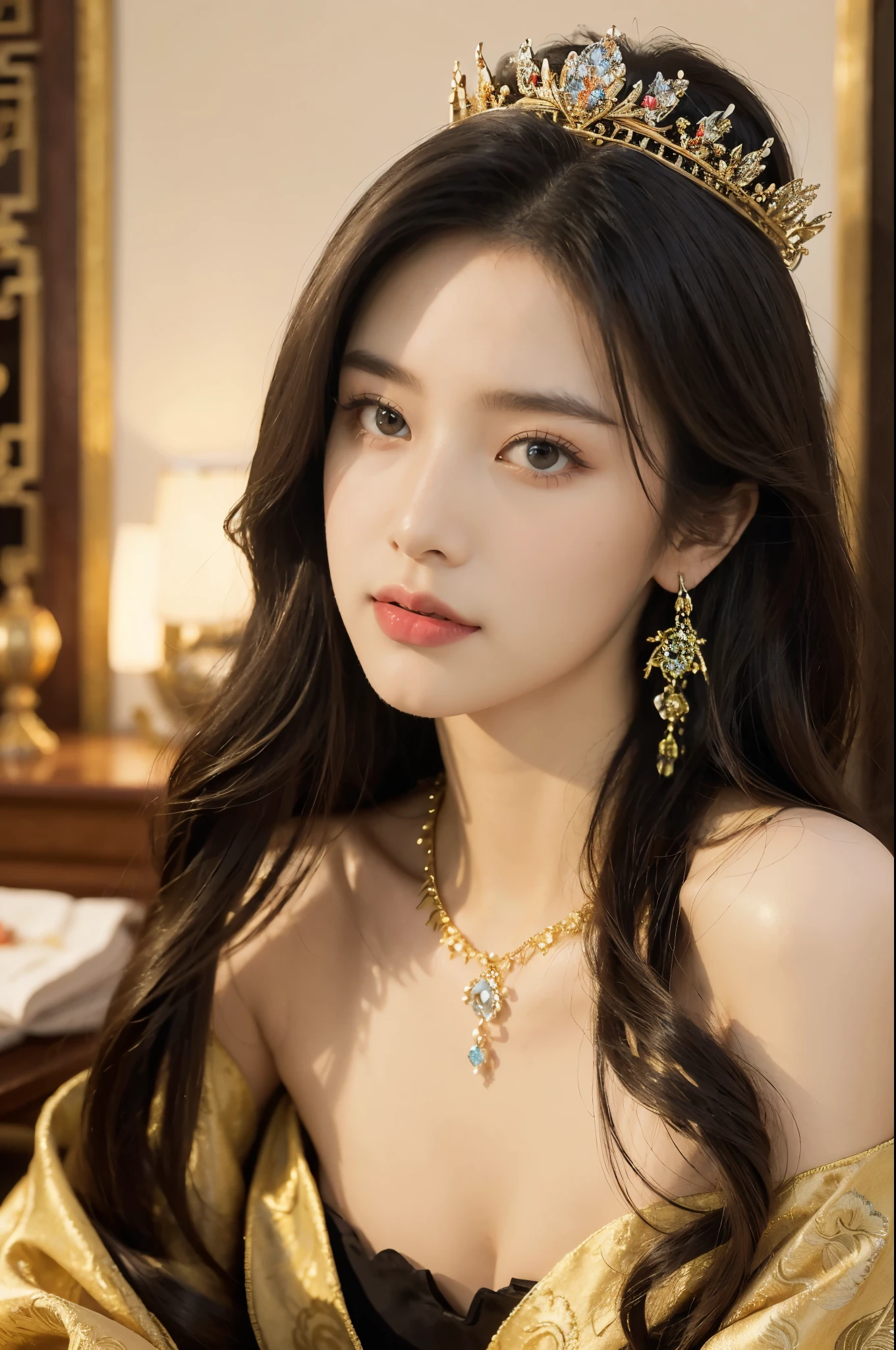 (((best quality))),(((ultra detailed))),(((masterpiece))),illustration,1 girl,solo,slim,thin,shoulder length straight bob hair,earrings,necklace,small breasts,flat chest,Asian appearance,princess,royal,Chinese palace,night scene,strapless magnificent bra,golden crown,intricate embroidery,luxurious fabric,precious stones,decorative patterns,rich decorations,luxurious furnishings,regal charm,beautiful face,gentle smile,bright eyes,historical,traditional,city lights,modernity,frozen moment,beauty of the past,evolution of time,from front,close-up of face
