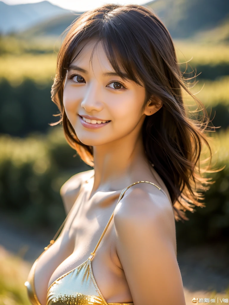  One Girl, Mountain background, Natural landscape, Professional director, Professional Lighting, (Highest quality, 64k,masterpiece), Very beautiful face, Japanese Model, Big Breasts, clavicle, Ultra HD, (Photorealistic:1.1), RAW Photo, Very large breasts and large, narrow eyes, Black brown hair, Star pattern gold bikini, Standing, Standing全身, Smile, Standing写真