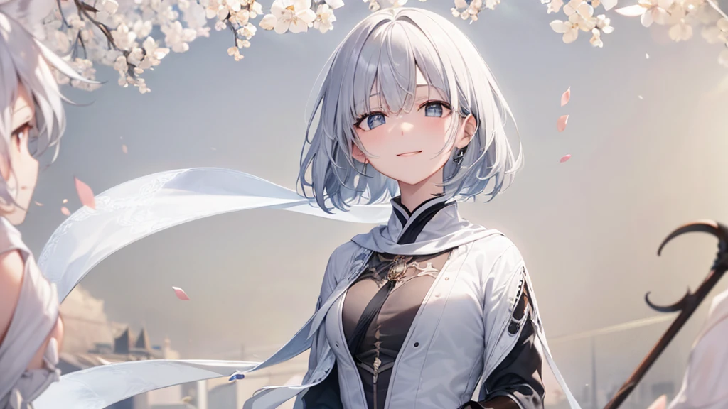 Her eyes were shining、Mysterious and enchanting atmosphere。With AI Painting、とてもShort Hair, Long bangs between the eyes, Very detailed,(masterpiece、Highest quality)、alone、Gray Hair、Fantasy, Silver Hair, Fantasyな風景、White shirt、smile、Open your mouth、Scarf、short hair、Short Hair、hairpin、black eye、Grey Eyes、Beautiful Eyes