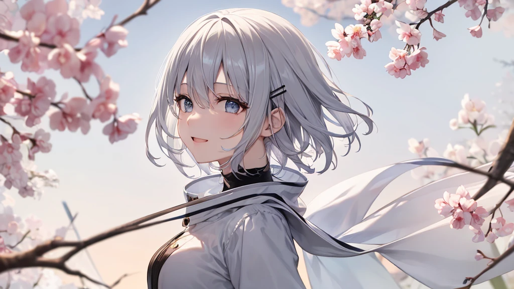 Her eyes were shining、Mysterious and enchanting atmosphere。With AI Painting、とてもShort Hair, Long bangs between the eyes, Very detailed,(masterpiece、Highest quality)、alone、Gray Hair、Fantasy, Silver Hair, Fantasyな風景、White shirt、smile、Open your mouth、Scarf、short hair、Short Hair、hairpin、black eye、Grey Eyes、Beautiful Eyes