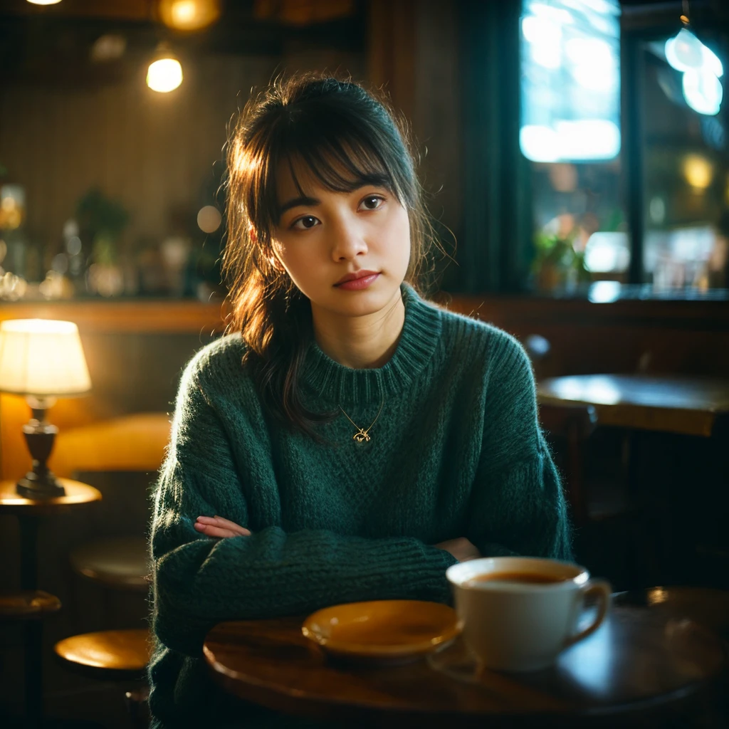 "A lonely woman sitting in the corner of a cozy café, surrounded by people yet isolated. She appears deep in thought, her expression reflecting sadness and solitude. The scene is softly lit, with warm, ambient light casting gentle shadows. The background shows blurred, indistinct faces of other café patrons, emphasizing her feeling of disconnection.
The background should include elements of nature, symbolizing growth and healing, and a subtle light breaking through, indicating hope and new beginnings.""。 High resolution, masterpiece, Highest quality, Intricate details, Very detailed, Clear focus, Delicate skin, practical skin texture, texture, Delicate eyes, Professional, 4K, Shot with Canon, 85mm, Shallow and deep, Kodak Vision Color, Exactly, Very detailed, photograph_\(Extremist\), photographpractical, practical, Post-processing, Maximum details, Roughness, Real Life, Extremist practical, Photorealism, photographgraphy, 8K Ultra HD, photographgraphy