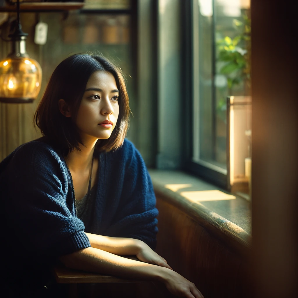 "A lonely woman sitting in the corner of a cozy café, surrounded by people yet isolated. She appears deep in thought, her expression reflecting sadness and solitude. The scene is softly lit, with warm, ambient light casting gentle shadows. The background shows blurred, indistinct faces of other café patrons, emphasizing her feeling of disconnection.
The background should include elements of nature, symbolizing growth and healing, and a subtle light breaking through, indicating hope and new beginnings.""。 High resolution, masterpiece, Highest quality, Intricate details, Very detailed, Clear focus, Delicate skin, practical skin texture, texture, Delicate eyes, Professional, 4K, Shot with Canon, 85mm, Shallow and deep, Kodak Vision Color, Exactly, Very detailed, photograph_\(Extremist\), photographpractical, practical, Post-processing, Maximum details, Roughness, Real Life, Extremist practical, Photorealism, photographgraphy, 8K Ultra HD, photographgraphy