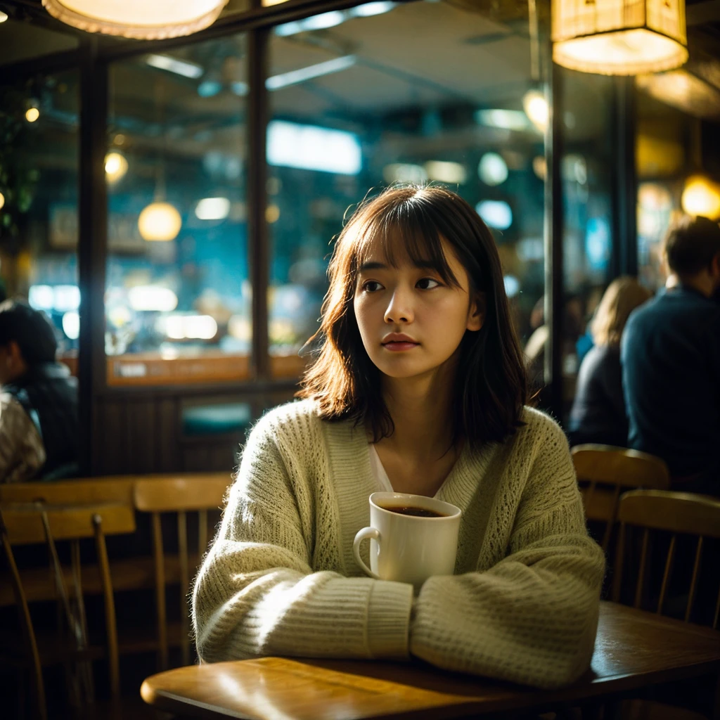 "A lonely woman sitting in the corner of a cozy café, surrounded by people yet isolated. She appears deep in thought, her expression reflecting sadness and solitude. The scene is softly lit, with warm, ambient light casting gentle shadows. The background shows blurred, indistinct faces of other café patrons, emphasizing her feeling of disconnection.
 The background should include elements of nature, symbolizing growth and healing, and a subtle light breaking through, indicating hope and new beginnings.""。 High resolution, masterpiece, Highest quality, Intricate details, Very detailed, Clear focus, Delicate skin, practical skin texture, texture, Delicate eyes, Professional, 4K, Shot with Canon, 85mm, Shallow and deep,  Kodak Vision Color, Exactly, Very detailed, photograph_\(Extremist\), photographpractical, practical, Post-processing, Maximum details, Roughness, Real Life, Extremist practical, Photorealism, photographgraphy, 8K Ultra HD, photographgraphy