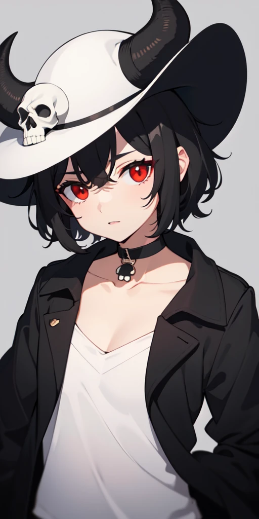 short black hair, hat with a skull, black shirt with white skull, black pantaloon, Red eyes, horns with white collars
