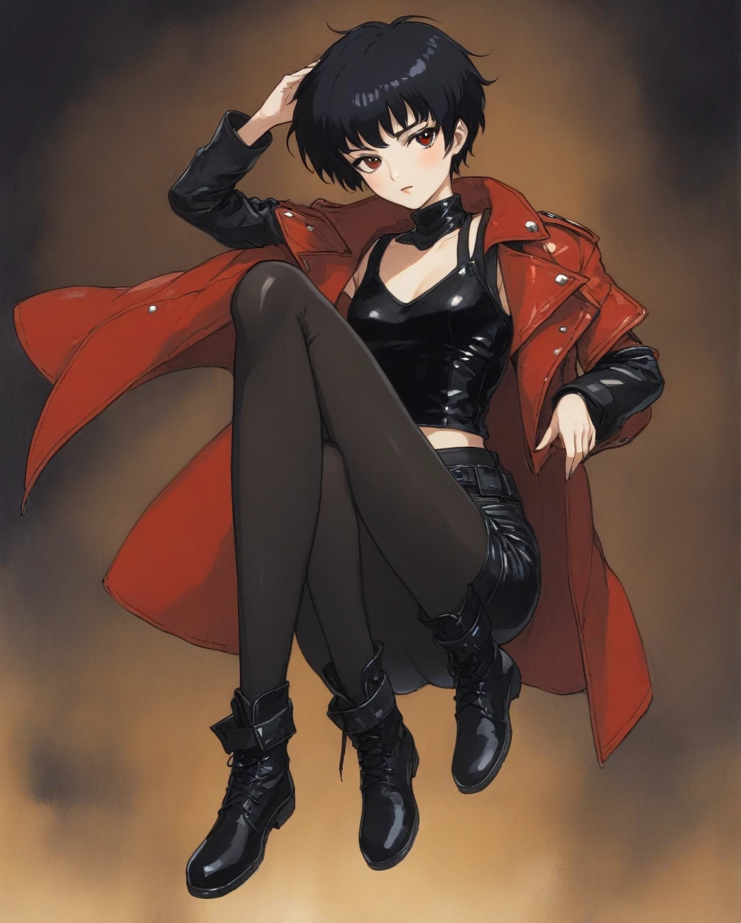 amano yoshitaka, a full-body, high-resolution anime style of A woman with black pixie cut hair, dressed in black tights, black boots, black crop top, and red leather jacket