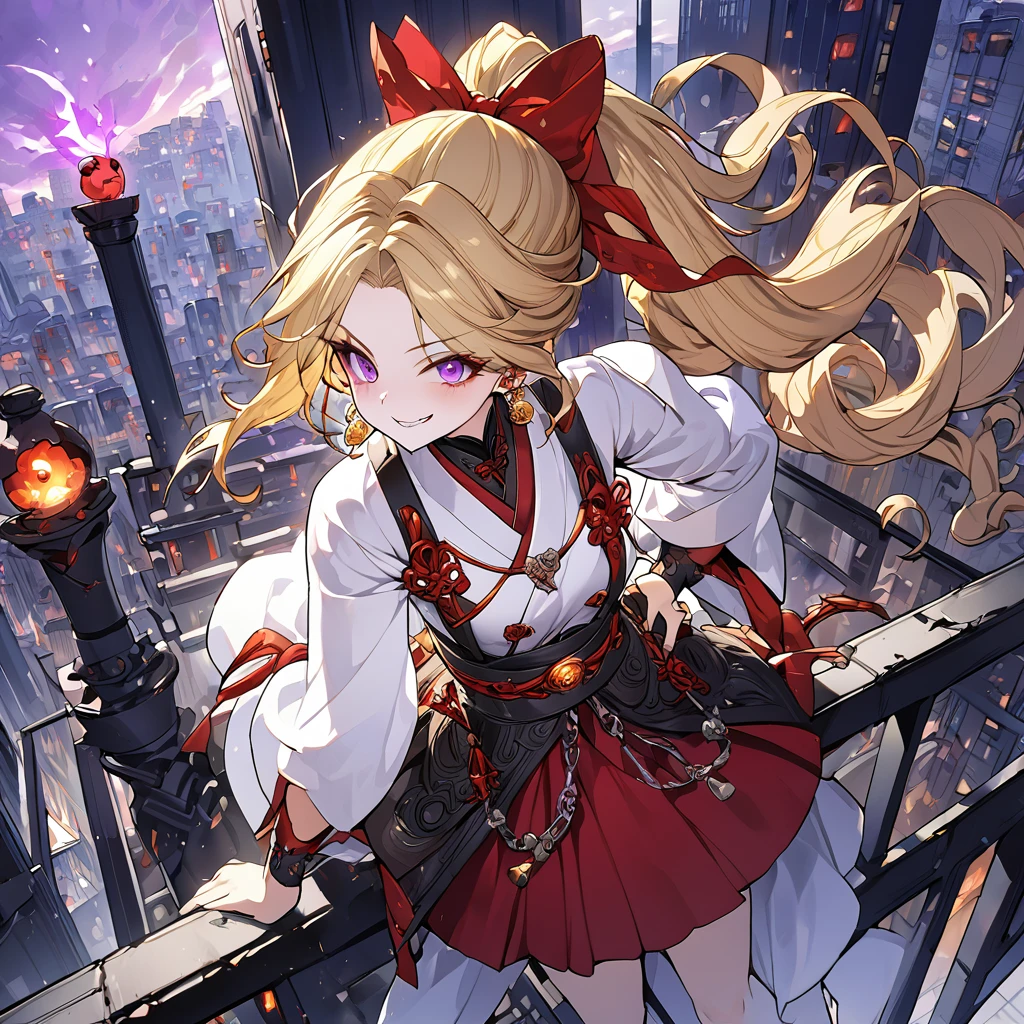 1girl, solo, standing on the roof of a skyscraper, dark persona, hand on own hip, pillars of purple fire, gripping sword in hand, masterpiece, best quality, ultra-detailed, illustration, beautiful detailed eyes, kusakabe maron, kaitou jeanne, long hair, evil smile, black cloth, purple eyes, boots, blonde hair, bow, ribbon, hair ribbon, ponytail, earrings, red ribbon, red bow, drill hair, high ponytail, purple obi, chains, yin yang, earring, pierces, forehead accessory, beautiful art, high res, perfect face, detailed outfit,