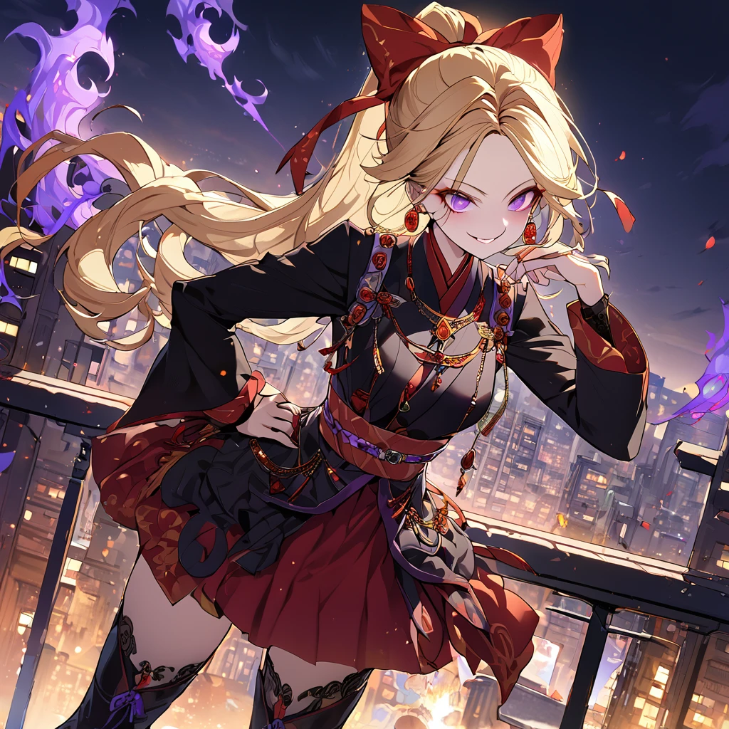 1girl, solo, standing on the roof of a skyscraper, dark persona, hand on own hip, pillars of purple fire, gripping sword in hand, masterpiece, best quality, ultra-detailed, illustration, beautiful detailed eyes, kusakabe maron, kaitou jeanne, long hair, evil smile, black cloth, purple eyes, boots, blonde hair, bow, ribbon, hair ribbon, ponytail, earrings, red ribbon, red bow, drill hair, high ponytail, purple obi, chains, yin yang, earring, pierces, forehead accessory, beautiful art, high res, perfect face, detailed outfit,