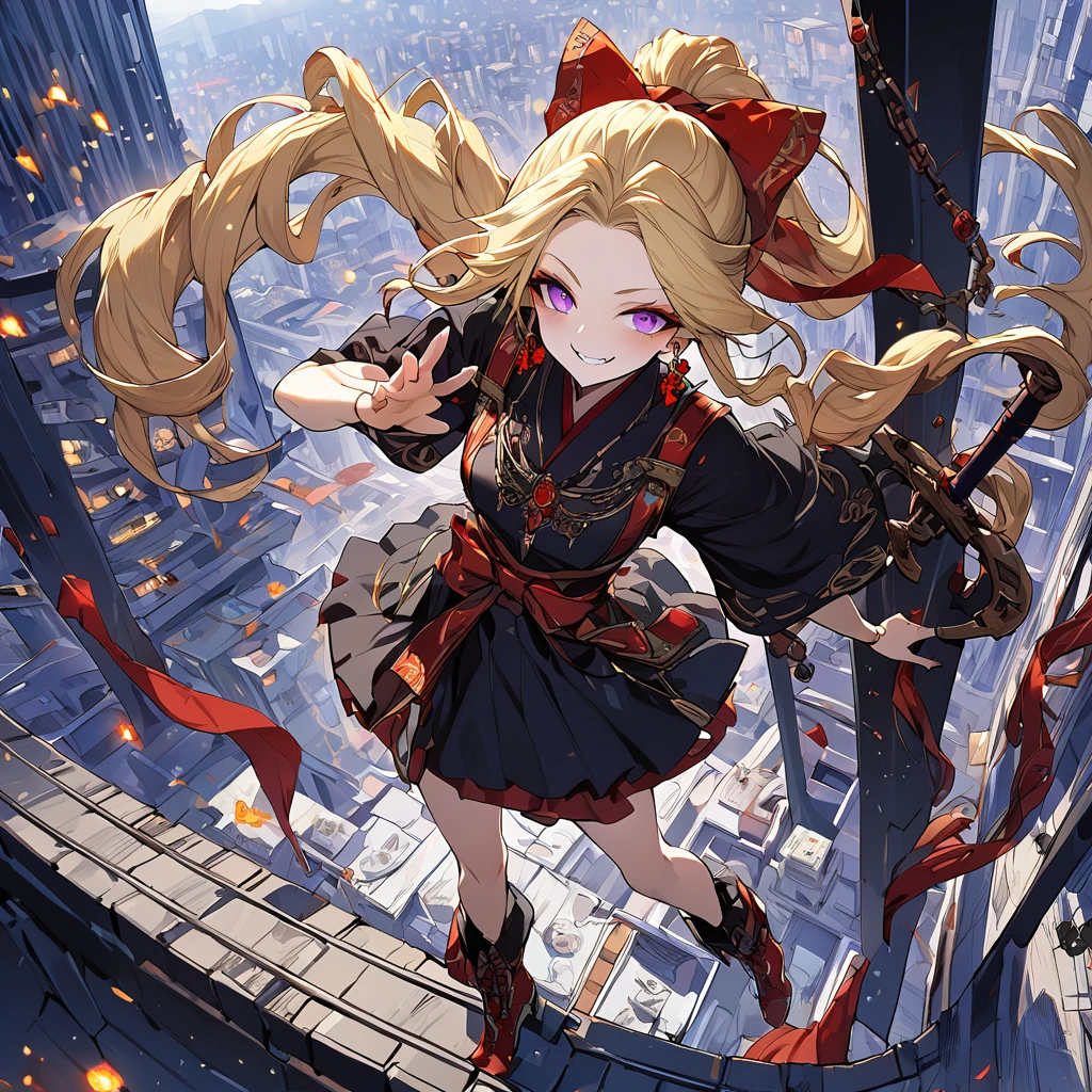 1girl, solo, standing on the roof of a skyscraper, dark persona, hand on own hip, pillars of purple fire, gripping sword in hand, masterpiece, best quality, ultra-detailed, illustration, beautiful detailed eyes, kusakabe maron, kaitou jeanne, long hair, evil smile, black cloth, purple eyes, boots, blonde hair, bow, ribbon, hair ribbon, ponytail, earrings, red ribbon, red bow, drill hair, high ponytail, purple obi, chains, yin yang, earring, pierces, forehead accessory, beautiful art, high res, perfect face, detailed outfit,