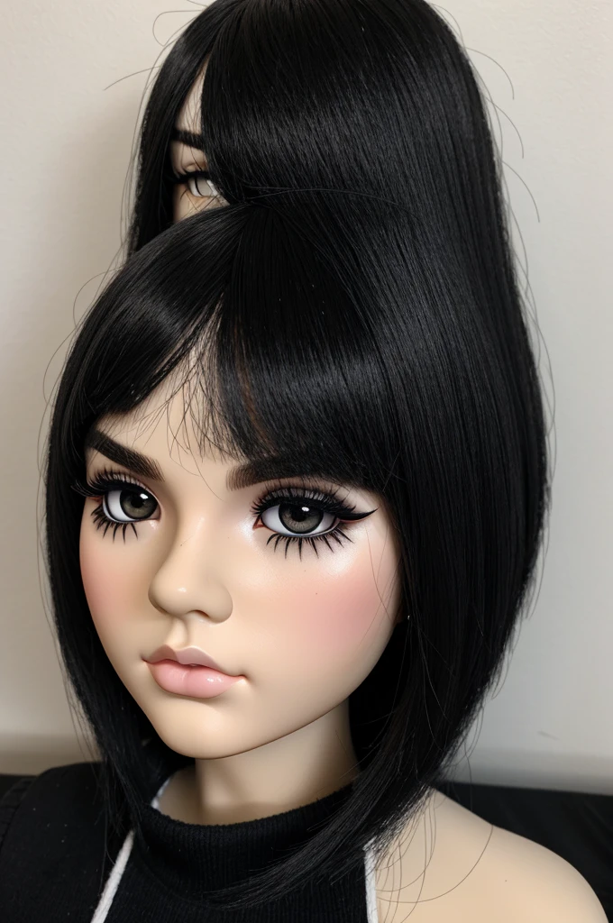 create a blythedoll with slanted eyes, fringe over the eyebrows, straight black shoulder length hair, dark eyes