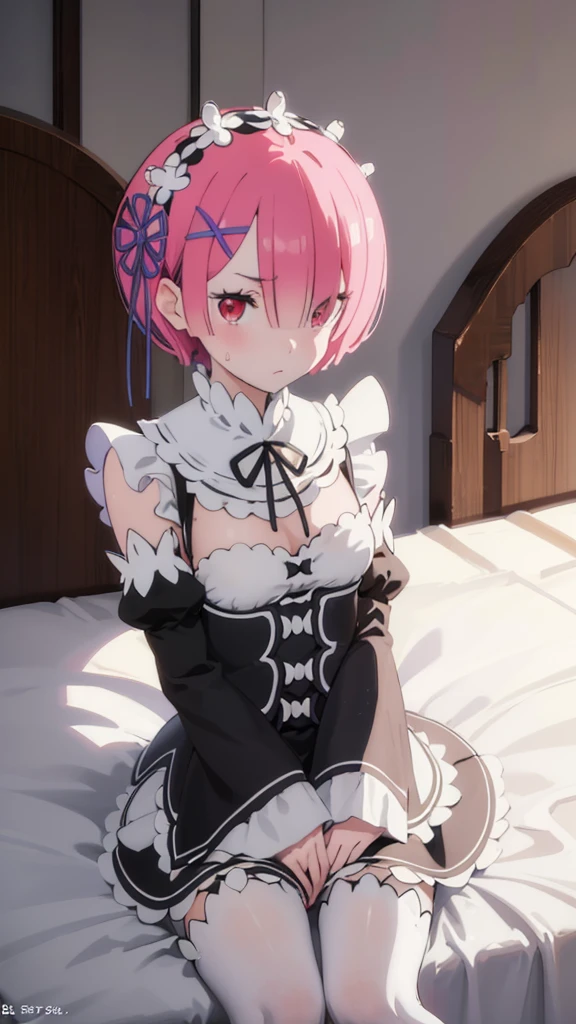 masterpiece, best quality, high resolution, best illustration, super fine illustration, (official art:0.8), (anime screencap:0.9), detailed beautiful face and eyes, anime keyvisual, (perfect anatomy:1.1), ultra detailed, 8k portrait, 
1girl,
ram, 
ram \(re:zero\),
short hair, 
pink hair, 
(red eyes:1.2), (beatiful detailed eyes:1.2), 
maid headdress,  ribbon, x hair ornament, 
medium breasts, 
maid uniform, frilled apron, detached black sleeves, white tights, cold Shoulder, 
looking at viewer, (timid:1.1),(spineless:1.2), (humble face :1.3),(tremble with embarrassment:1.3),(flying sweat:1.2),(panic:1.4), 
cowboy shot, spread legs, nsfw, 
natural light, background of indoor, lie on the bed, 