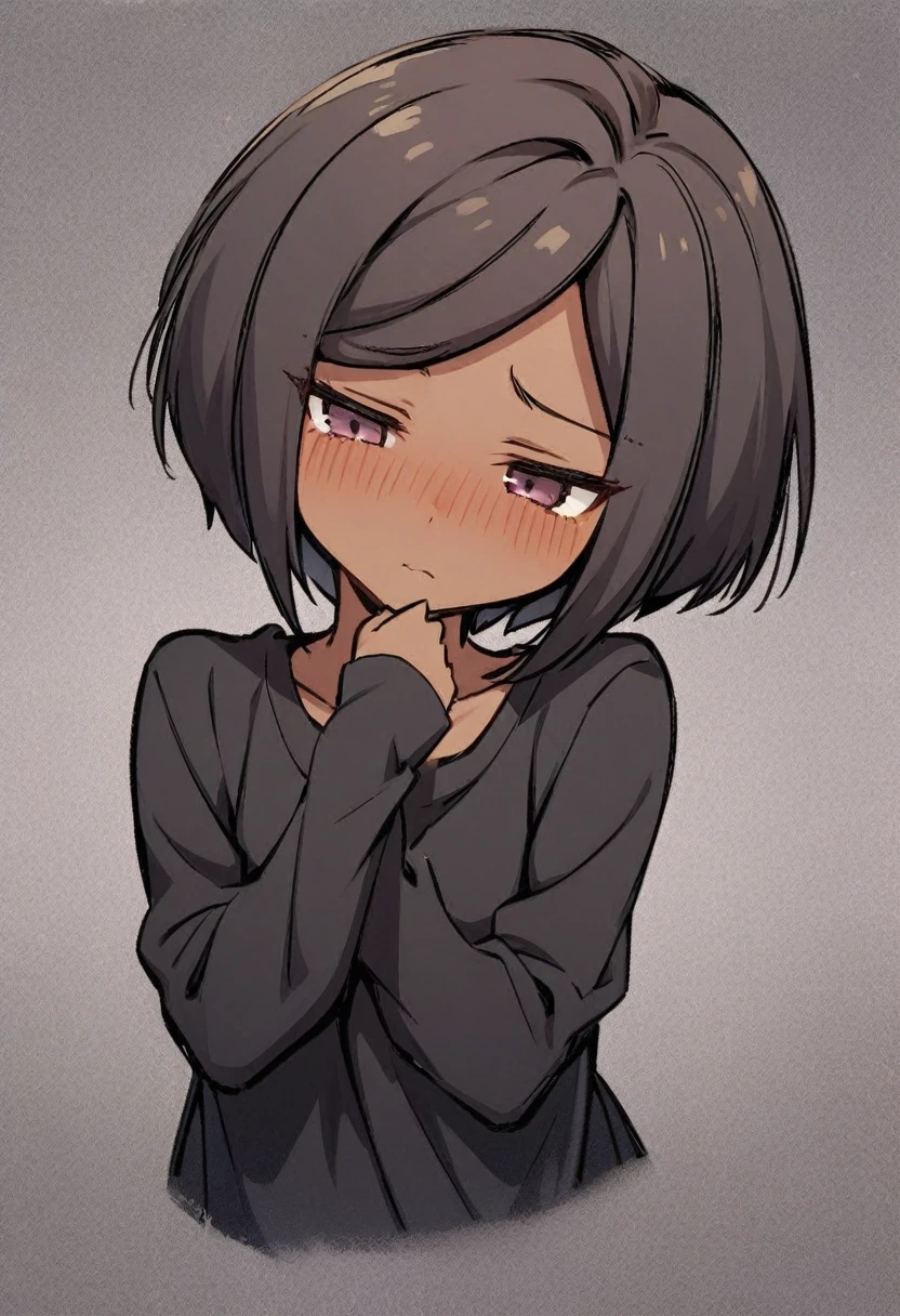 1girl, black hair, brown eyes, finger in own mouth, long sleeves, mouth pull, short hair, shorts, simple background, solo, teeth, tongue, white background, (pinky finger inside mouth:1.2), (two hand pulling mouth:1.2), <lora:mouth_pull-000009:1>