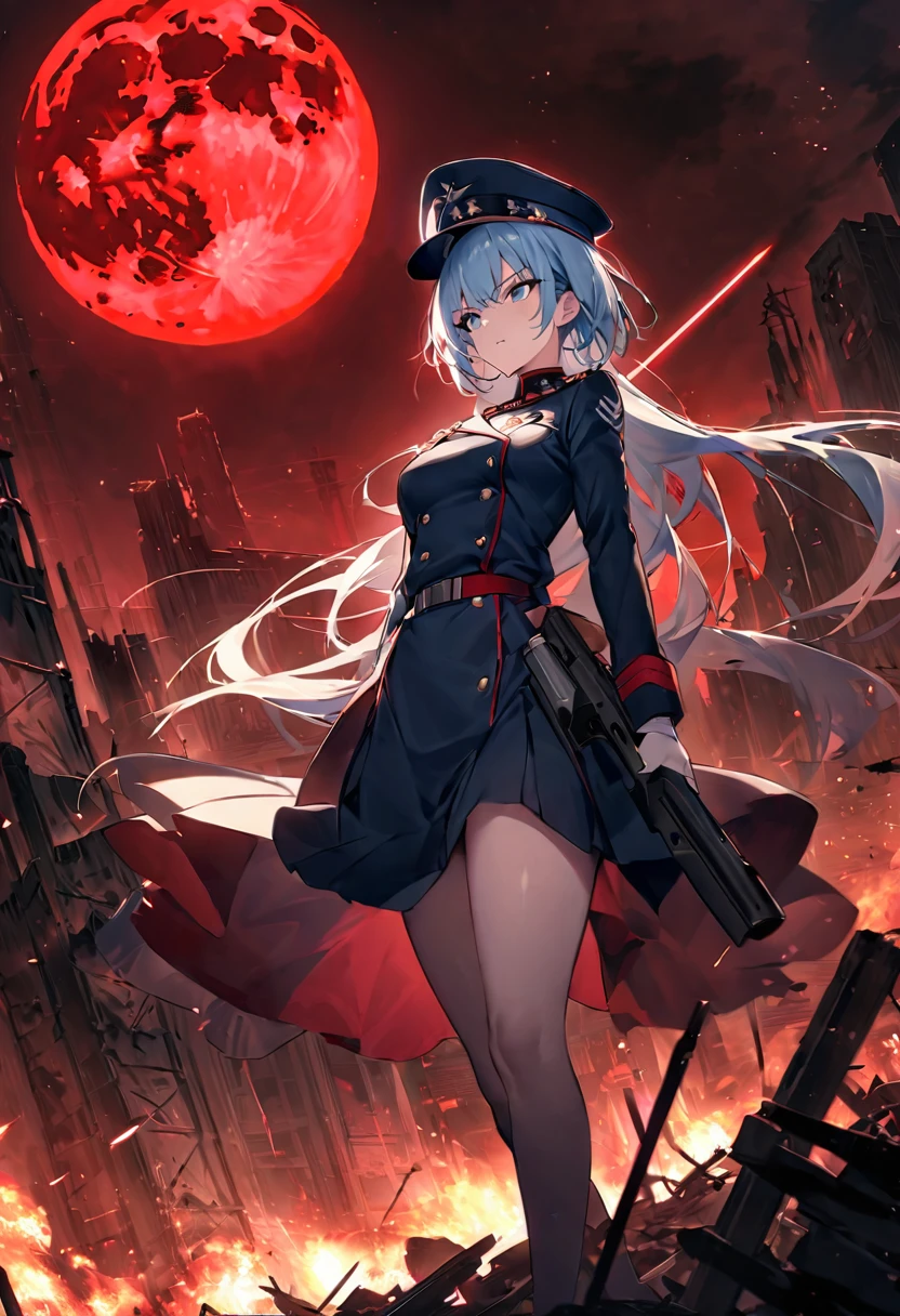 Facing forward　girl　Military uniforms with a white base and some black　Spectacular Background　A shooting star is falling　Beautiful night view　　　She is on the right　On the left you can see the destroyed city.　He has a gun　　　服にはplaneが描かれています　背景の上部にはFighterが飛んでいます　Red Moon　blue eyes　　There is one person　light blue long hair　wearing a military cap　war　I'm wearing pants　Precision　masterpiece　girlにクローズアップ　girlを正面から見ています　short hair　soldier　battlefield　{超Precision} Satanic　She's angry　But I&#39;m angry　Hanging eyes　Anime Style　 {war} {Gunfight} {Fighterの擬人化} Fighter　tank　Battleship　plane　Thunder Day　Mechanical Man　宇宙Battleshipヤマトの武装をつけています　A dignified expression　F-16Fighterの翼を背中につけています