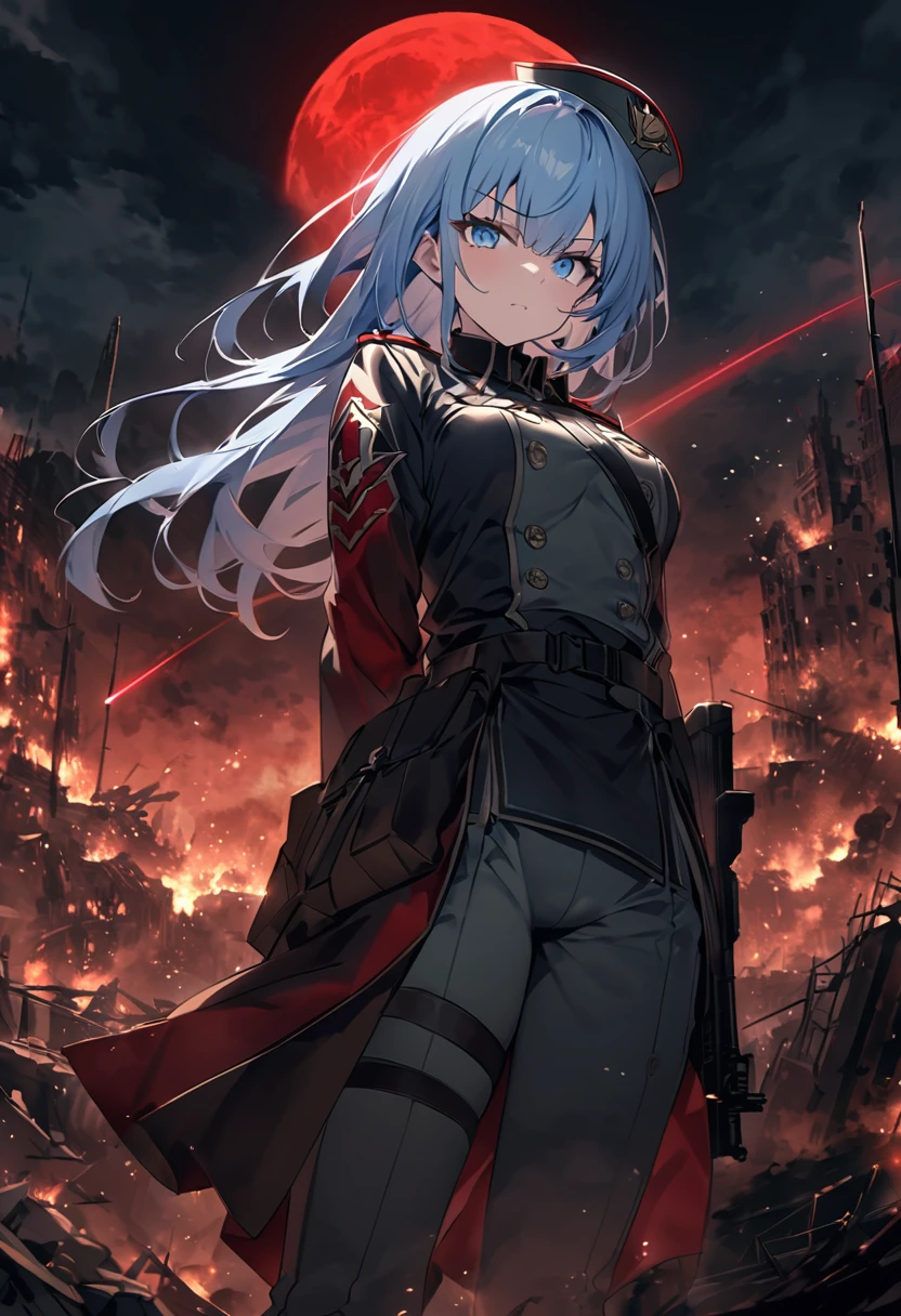 Facing forward　girl　Military uniforms with a white base and some black　Spectacular Background　A shooting star is falling　Beautiful night view　　　She is on the right　On the left you can see the destroyed city.　He has a gun　　　服にはplaneが描かれています　背景の上部にはFighterが飛んでいます　Red Moon　blue eyes　　There is one person　light blue long hair　wearing a military cap　war　I'm wearing pants　Precision　masterpiece　girlにクローズアップ　girlを正面から見ています　short hair　soldier　battlefield　{超Precision} Satanic　She's angry　But I&#39;m angry　Hanging eyes　Anime Style　 {war} {Gunfight} {Fighterの擬人化} Fighter　tank　Battleship　plane　Thunder Day　Mechanical Man　宇宙Battleshipヤマトの武装をつけています　A dignified expression　F-16Fighterの翼を背中につけています