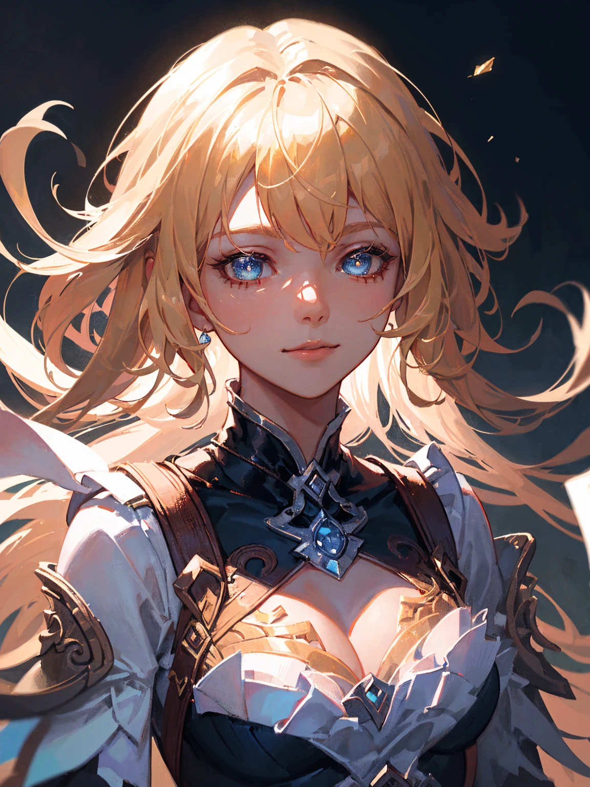 close-up head, facing camera, realistic digital painting portrait of a female human, 3r1nm0r1art72, cute smile, (wavy hair:1.1), (blonde hair:1.3), magical yellow universe, white magic cloth armour with yellow engrave in intricate details, (abstract, background:1.2), (light particle:1.1), (very detailed skin:1.2), (game concept:1.3), (elden ring style:1.3), (arcane style:0.8), (depth of field:1.3), global illumination, art by hoang lap and fuji hoko and artgerm and greg rutkowski and viktoria gavrilenko 