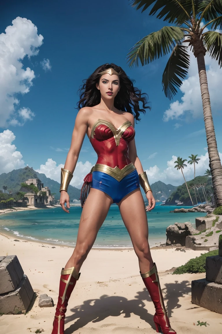 full body sexy beauty muscular ************ Wonder Girl, tall muscular, black long straight hair, blue eyes, red lips, large breast, Wonder Girl costume, Wonder Girl in combat position on the beach of a tropical island, lush vegetation, palm trees, bushes, ancient ruined city in the distance, fog, blurred shadows, photorealistic,