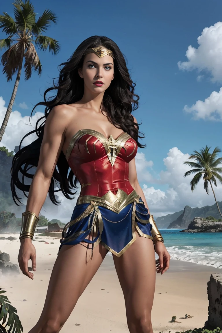 full body sexy beauty muscular ************ Wonder Girl, tall muscular, black long straight hair, blue eyes, red lips, large breast, Wonder Girl costume, Wonder Girl in combat position on the beach of a tropical island, lush vegetation, palm trees, bushes, ancient ruined city in the distance, fog, blurred shadows, photorealistic,