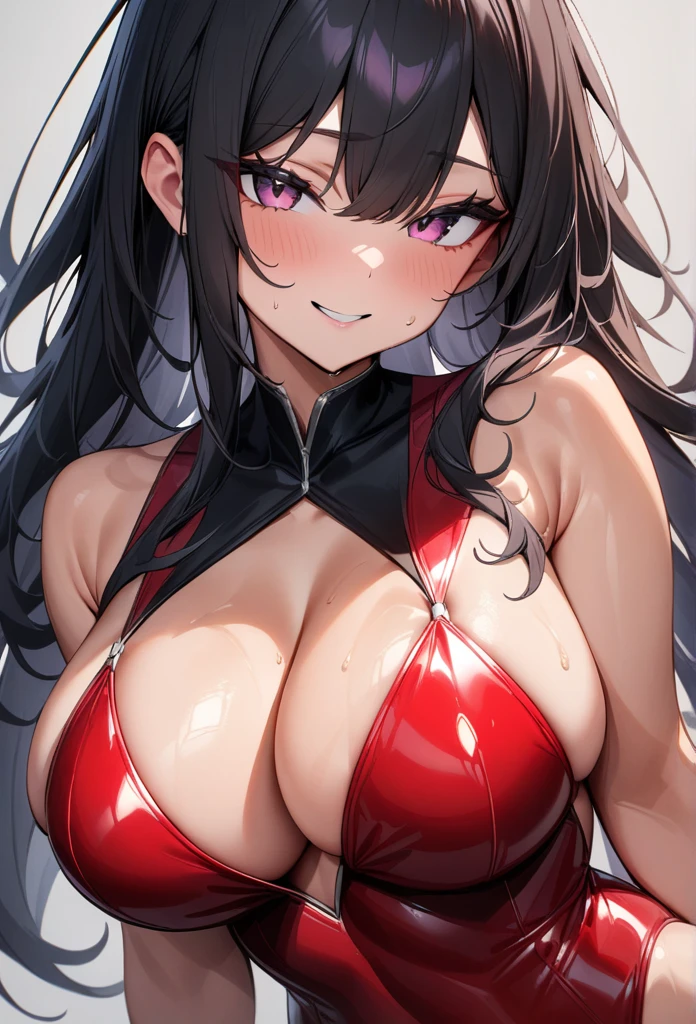 masterpiece, best quality, very aesthetic, absurdres, 1girl, looking at viewer, upper body, long hair,black hair large breasts, enamel leotard,seductive smile,pink eyes, simple background