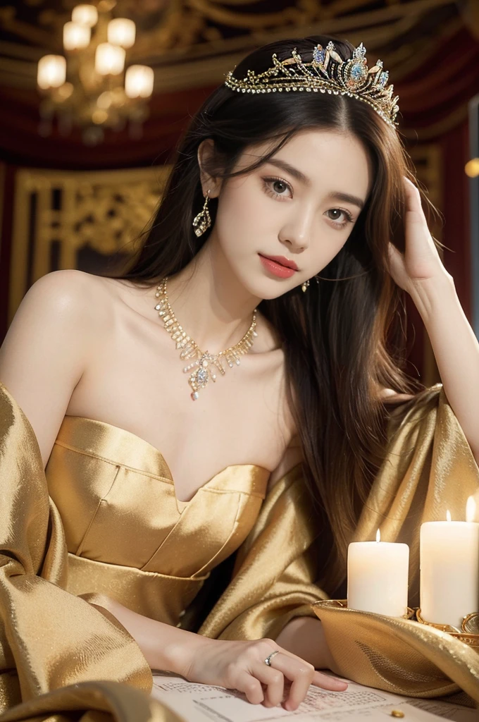 (((best quality))),(((ultra detailed))),(((masterpiece))),illustration,1 girl,solo,slim,thin,shoulder length straight bob hair,earrings,necklace,small breasts,flat chest,Asian appearance,princess,royal,Chinese palace,night scene,strapless magnificent bra,golden crown,intricate embroidery,luxurious fabric,precious stones,decorative patterns,rich decorations,luxurious furnishings,regal charm,beautiful face,gentle smile,bright eyes,historical,traditional,city lights,modernity,frozen moment,beauty of the past,evolution of time,from front,close-up of face