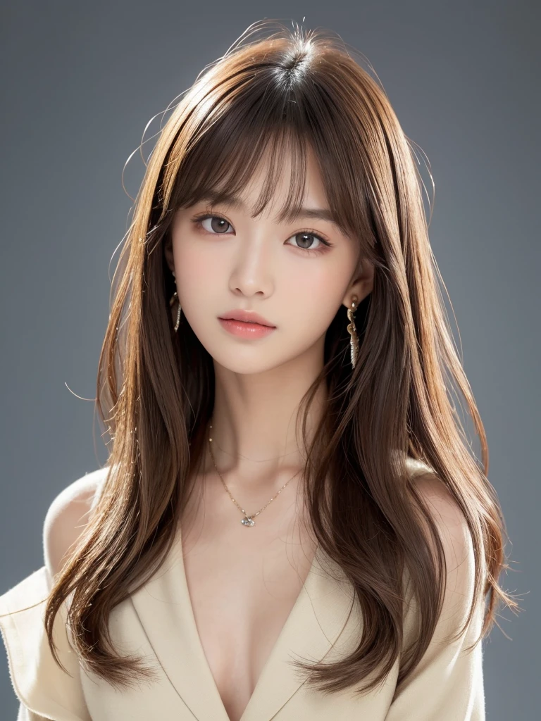 ((Highest quality, 8k, masterpiece:1.3)), concentrate: 1.2, Perfect body beauty: 1.4, Hips: 1.2, ((Long Hair, chest: 1.2)), (Dry clothes: 1.1) , (clear, Simple Background:1.3), Simple clothes: 1.1, Highly detailed face and skin texture,Delicate eyes, double eyelid, Whitened skin, Rough skin、Long Hair、Earrings with bangs、necklace、 solo、Beige coat、White shirt, (((Beautiful girl with cute Japan)))、 ((Beautiful Japanese girl 20 years old))、 ((Baby Face))、 (((Slender body)))、 Upper Body,Face focus、necklace,Simple Background,From above, Realistic Hair、 A photograph was taken:Canon EOS R6、135mm、1/1250 seconds、f2.8、ISO400、(Detailed explanation of the hand)、(Masseter muscle area)、(Exquisite CG)、Long Hair, loose and curly hair、Korean Hair、Long Hair明るいベージュ色、グラデーションハイライトグレージュのゆるふわLong Hairスタイル、