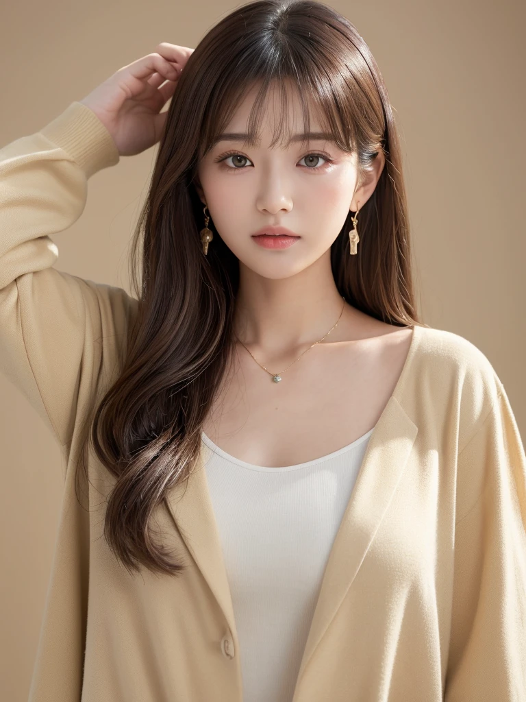  ((Highest quality, 8K, masterpiece:1.3)), concentrate: 1.2, Perfect body beauty: 1.4, Hips: 1.2, ((Long Hair, chest: 1.2)), (Dry clothes: 1.1) , (clear, Simple Background:1.3), Simple clothes: 1.1, Highly detailed face and skin texture,Delicate eyes, double eyelid, Whitened skin, Rough skin、Long Hair、Earrings with bangs、necklace、 solo、Beige coat、White shirt,  (((Beautiful girl with cute Japan)))、  ((Beautiful Japanese girl 20 years old))、 ((Baby Face))、 (((Slender body)))、  Upper Body，Face focus、necklace，Simple Background，From above， Realistic Hair、 A photograph was taken:Canon EOS R6、135mm、1/1250 seconds、f2.8、ISO400、(Detailed explanation of the hand)、(Masseter muscle area)、(Exquisite CG)、Long Hair, loose and curly hair、Korean Hair、Long Hair明るいベージュ色、グラデーションハイライトグレージュのゆるふわLong Hairスタイル、