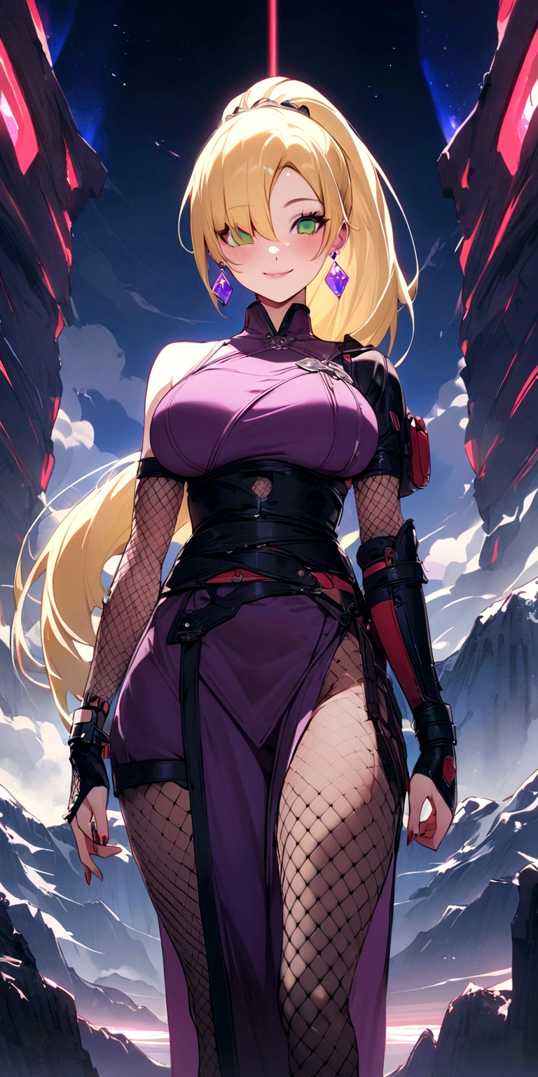 masterpiece, Highest quality, so beautiful, Absurd,
In the mountains_this, naruto_(series), naruto_Shippuden,blonde_hair,length_hair,  expensive_ponytail,  hair_以superior_One_eye,  green_eyes, just_shoulder, Purple Crop_superior, Earrings, Fishnet Elbow Pads, jewelry, big_chest,  abdomen, Purple Skirt, Fishnet tights,  texpensiveexpensives,  smile, 一人in, Are standing, 公園in,Looking_in_Audience, 