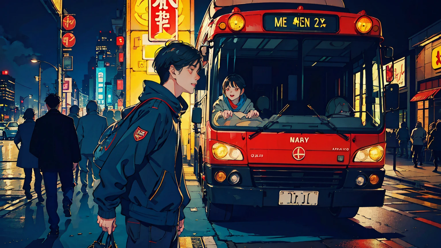 morning、Cool and beautiful Asian boy with black hair, Denim pants、Black jacket、scarf、A red bus passing nearby, The man is at the back of the bus.、Neighbor々Having a fun conversation、Perfect Face, Black jacket, Neon Black, (Backlit: 1.1), Hard Shadows, masterpiece, Highest quality, Complex, Model shooting style, Vintage, Film Grain, Incomplete details、Natural Body、profile、Photo taken from a distance、Life is fun、The cityscape is depicted on a large scale.、The figures are drawn small.City of night,