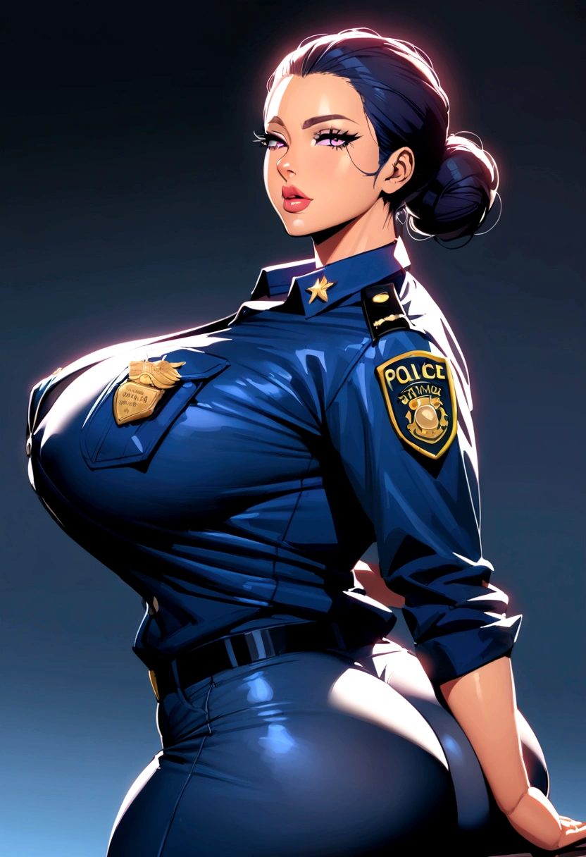Best quality, solo mature woman, giant breasts, giant ass, very curvy, Latina woman with low bun, lilac eyes, full lips, seductive, police uniform, police pants, police button up