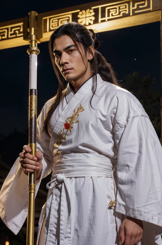 a man in a white robe, a sword in his left hand, young and handsome man, ponytail, waist-long hair, ancient Chinese clothing, qi, a huge saber, ancient Chinese buildings in the background, night, powerful character, purple rays, a beautiful landscape. Detailed face, thick eyebrows, black eyes, 8k, robe embroidered with gold edges, detailed clothing, xianxia, ​​world of cultivation. ((upper body))