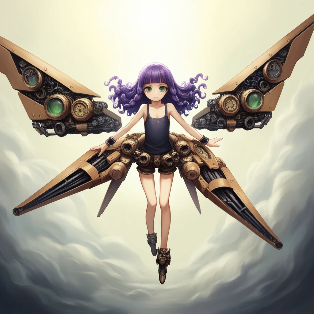 (Cute a girl:1.5), (masterpiece:1.3), anime visual, (a gril with semi long twin braids wavy hair, pale purple blunt bangs hair, dark green eyes,smiling:1.3), (tilt head:1.3), extremely delicate face, realistic lighting and shading, (exceptional, best aesthetic, new, newest, best quality, extremely detailed, :1.2),8k, white theme, blue theme,
a girl is wearing A suit with mechanical wings, with pale-purple hair, a dynamic angle from front, wavy hair blowing in the wind, blunt bangs hair, black and green eyes, A black tank top,Steampunk goggles, wristbands,flat chest,big mecha wing,She is flying over the steampunk factory, light coming from behind her, look at viewer, morning lit,