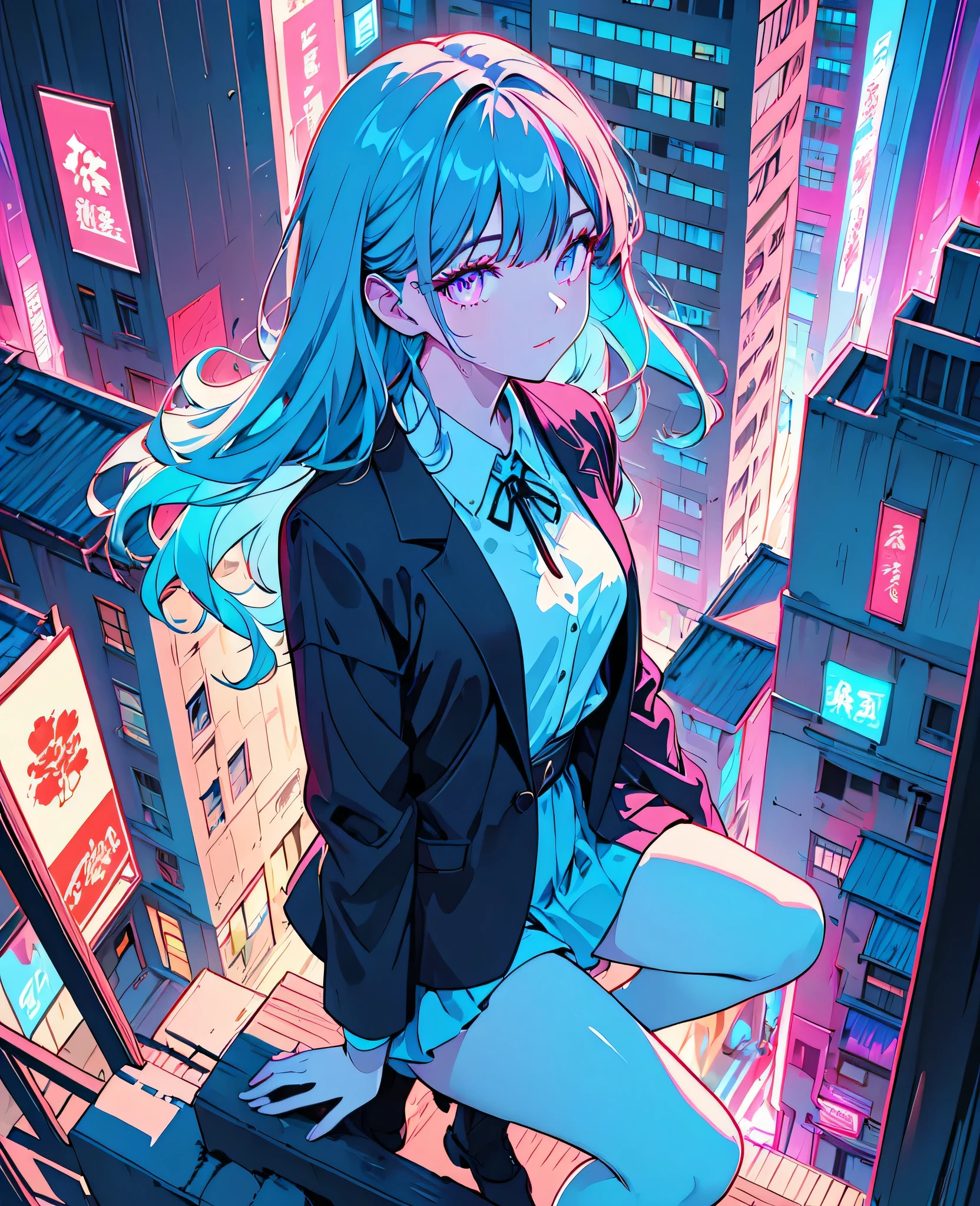 masterpiece,best quality,1 Synthwave style girl,Blue contour,Neon-lit streets,Blue fluorescent paint,Solitary,from above,Cowboy shooting,sit on top of building,Extremely detailed CG,Flat Color,Limited color palette,nolan art,contour,partial coloring,Alternative Colors,Dynamic Angle,Blue grows up the mountain,Deep purple shades,Synthwave,Chromatic Aberration,(Solitary focus),Perfect shadow,Wearing an suit,Delicate face,Beautiful and delicate eyes,Exquisite background,Blue neon light,