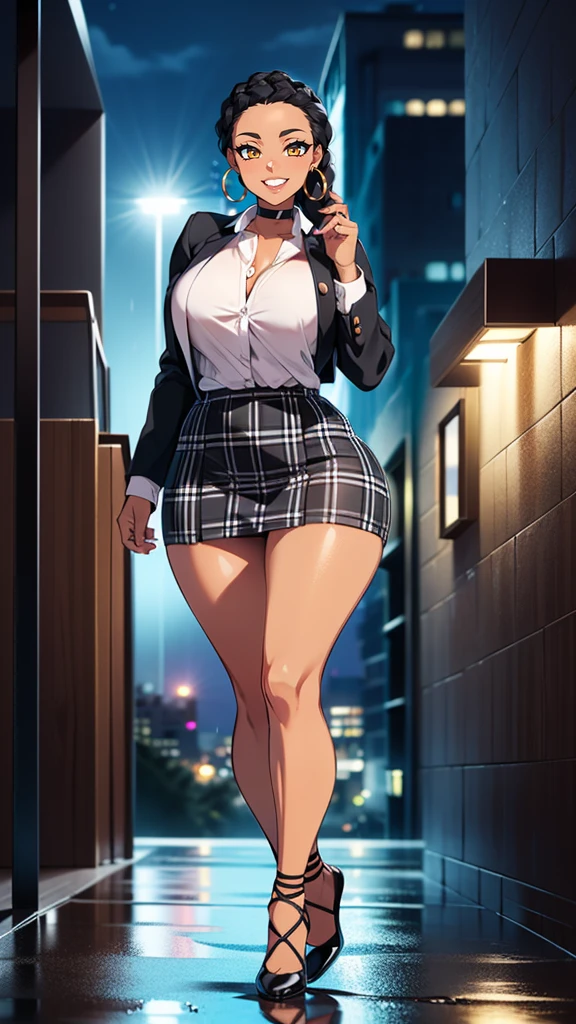 4K Quality, grinning, (sexy pose), ((full body black plaid skirt)) standing up, ((black braids)), dark skinned, thick thighs, big breasted, big ass, looking at viewer, ((amber eyes)), ((night time)), ((bedroom eyes)), full body, (city background), (after the rain), perfect face, perfect body, perfect eyes, full lips, ((hoop earrings)), (vibrant background)