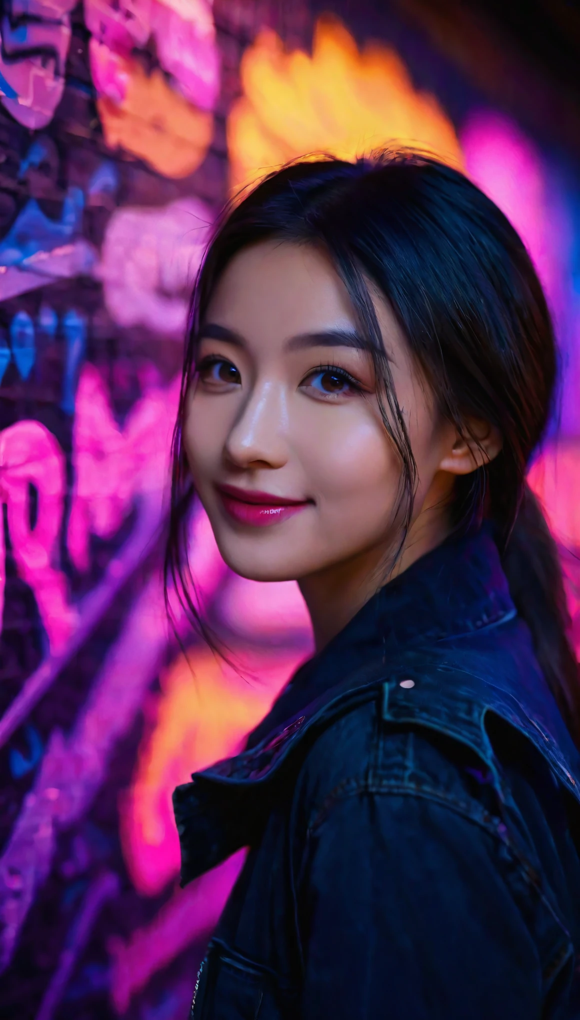 a detailed and ornate portrait of a young woman with a warm, radiant smile, set against a vibrant neon pink graffiti-covered backdrop in a dark night scene, with bright glowing eyes and a striking purple lighting effect, (best quality,4k,8k,highres,masterpiece:1.2),ultra-detailed,(realistic,photorealistic,photo-realistic:1.37),extremely detailed facial features,beautiful detailed eyes,beautiful detailed lips,extremely detailed eyes and face,longeyelashes,intricate ornate decorations,food items,studio lighting,vivid colors,professional,dark moody atmosphere, symmetrical face,