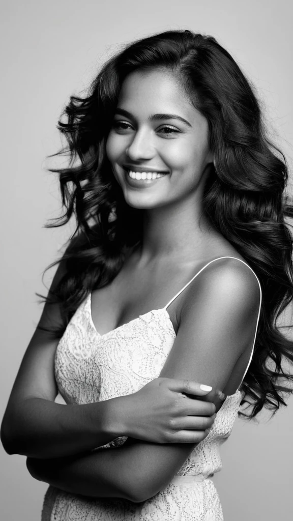 A black and white photograph of a young woman posing in profile.dark wavy hair falling freely. Her expression is joyful with a wide smile. The background is completely white, highlighting her figure with soft, even lighting. Her arms are crossed over her chest, creating a dynamic and expressive pose. The image conveys freedom, confidence, and joy