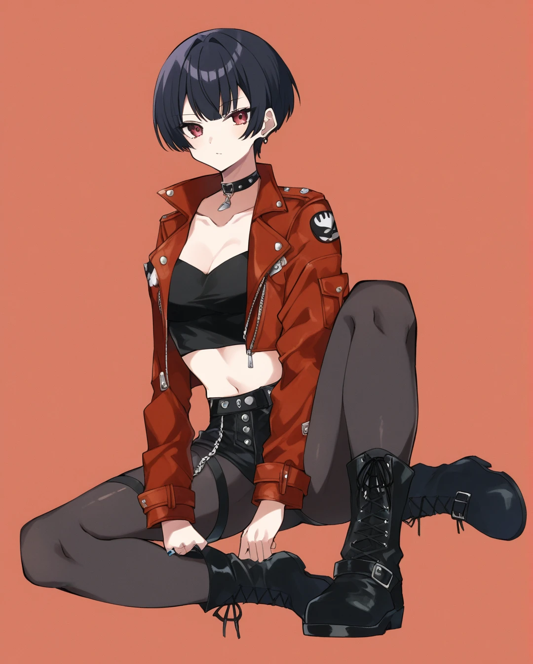 amano yoshitaka, a full-body, high-resolution anime style of A woman with black pixie cut hair, dressed in black tights, black boots, black crop top, and red leather jacket