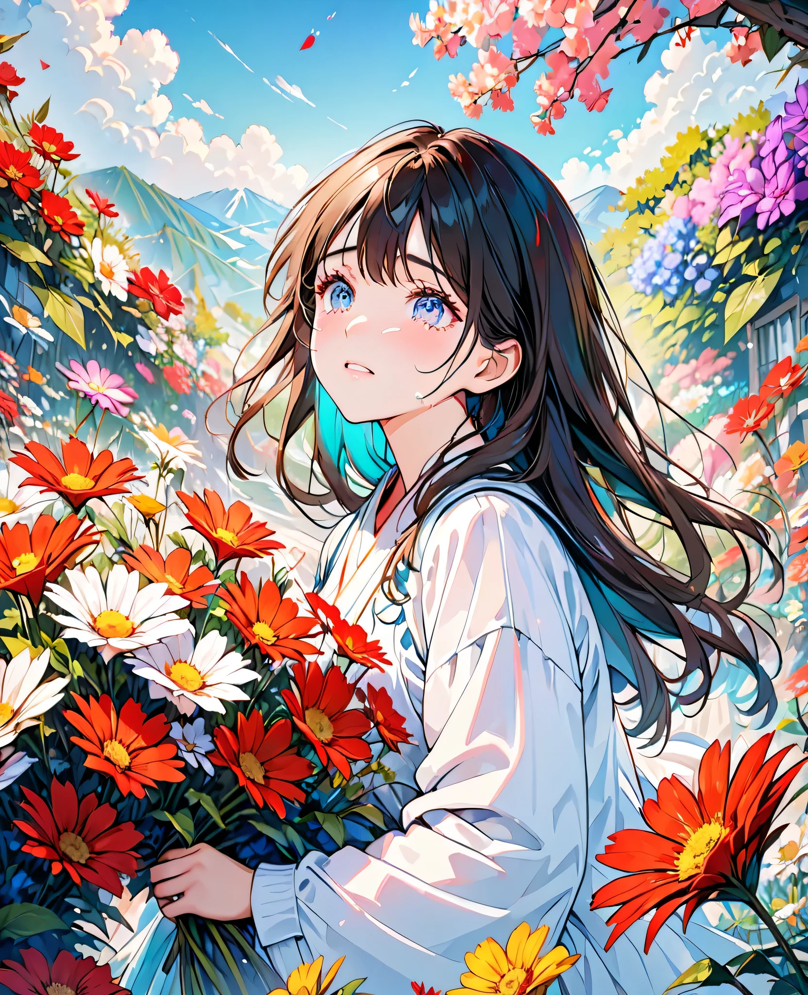Beautiful girl cried,tears streaming down her cheeks,eyes very focused,surrounded by beautiful flowers,Bright and vivid colors,high saturation,8K,Super fine,Rich details,A masterpiece of extreme detail,high quality