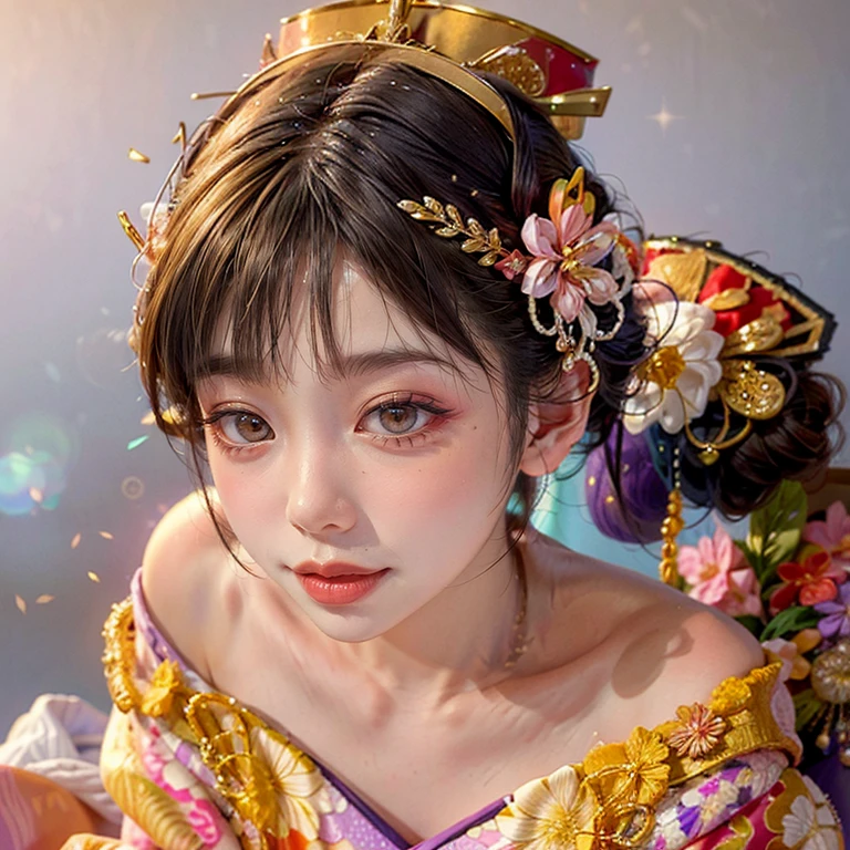 (PUNIPUNI clavicle KIMONO ((offshoulder)) KANZASHI FlowerHairpins Topknot TwinBun Oiran-Hair)High-level, 8K Masterpiece TopQuality, Ultra-detailed CG, Absurd detailed wallpaper, PerfectLighting, Extremely detailed (((Personifying " OIRAN " as a KAWAII Girl))), Characteristic Items, aesthetic LifeLike Rendering, MysticSight, Haze Tyndall Scattering, (Studio GRAY Background with (Oodles Dazzling Iridescent 🌈Particles (BokeH))), (((Assfocus)) RoundlyButt) ThighGap, (Exposed:0.44) 🔞 BREAK (Acutance:0.8), (NOGIZAKA FaceVariations) Extremely Detailed very KAWAII FaceVariations, Childish CaptivatingGaze ElaboratePupils ParfectEyes with (SparklingHighlights:1.28), (Voluminous LongEyelashes:0.88), 💄💋✨ GlossyRedLips with BeautifulDetails, CoquettishTongue, PUNIPUNI RosyCheeks, Radiant PearlSkin with Transparency, Glowing DowneyHair . { (Dynamic LifeLike expressions:1.4) | (:d) }, (large eyes:-1) .